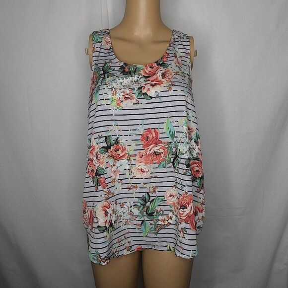 LC Lauren Conrad Floral Striped Mesh Panel Racerback Tank Top Sleeveless Blouse - Picture 1 of 8